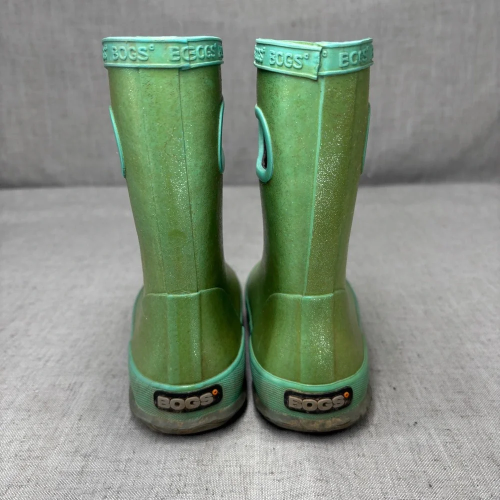 Bogs Skipper Glitter Green‎ Waterproof Rain Boots Pull On Outdoors Kids Size 13